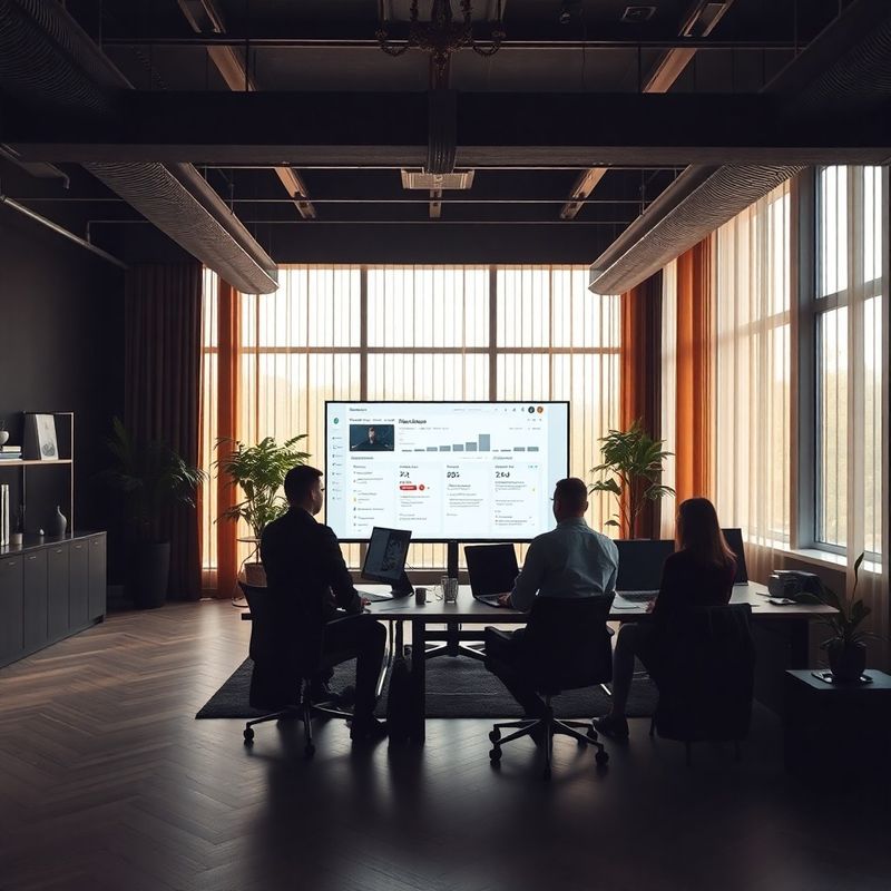 Moderní kancelář v Olomouci, tým u monitoru s pipeline dashboardem